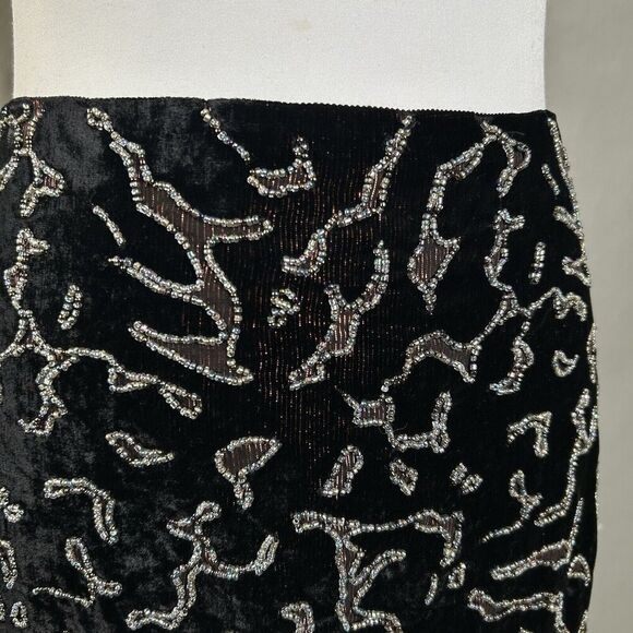 Club Monaco Skirt 8 Black Velvet Beaded Animal Print Whimsigoth A-Line Mini - Picture 5 of 10
